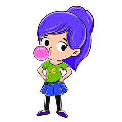 Niña con coleta haciendo una pompa con un chicle