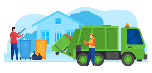 Waste processing factory vector illustration. Cartoon flat worker character working on truck city garbage collector, loading sorted garbage container for transportation to recycling trash station