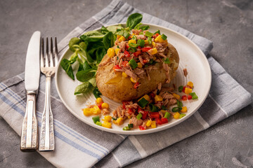 Jacket potatoes with tuna, corn and red sweet pepper.