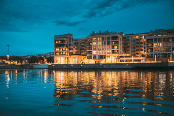 Oslo, Norway. Scenic Night Evening View Of Illuminated Residential Area District Downtown Sorenga