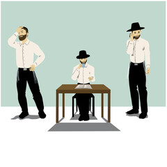 Three Hasidic Orthodox Jews. Wearing white shirts and black pants. One speaks on the phone, the other studies Torah and drinks coffee, the third sighs worried.
Vector drawing.