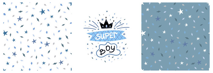 Set of vector children's graphic printing with SuperBoy lettering and seamless pattern with diamond stars on a colored background. Graphics for t-shirts, fabrics, textiles, pajamas, printing, gifts