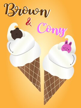 Brown,Cony  ice cream cone Cute cartoon isolated on a yellow background