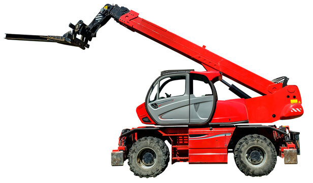 Side view of a red, hydraulic lifter truck. Isolated on a white background