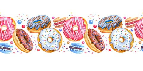 Seamless border of multi-colored donuts and macaroons on a white background, watercolor drawing, print for fabric, background for various designs.