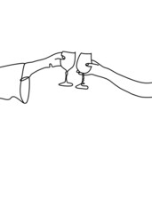 continuous line drawing, cheering, holding a glass 