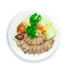 Bossam Korean Boiled Pork wraps Served Chili Spicy Kochujung Sauce