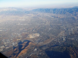 Aerial view of Los Angeles, California seen from an airplane window.