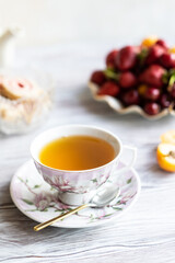 cup of hot tea on the kitchen table