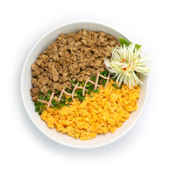 Chicken Soboro Don with Egg Omelette,spring onions Japanese food