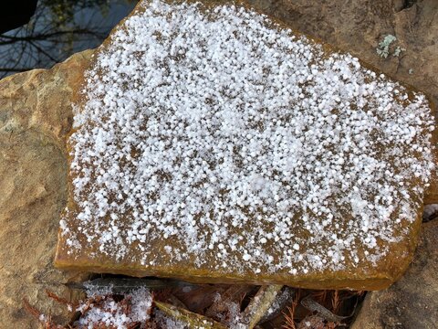 Close Up Of Snow Flurries On A Rock In Winter