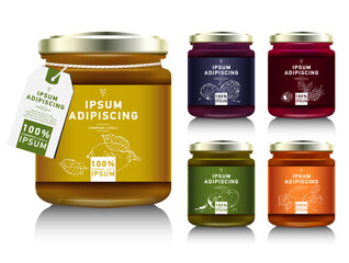 Glass jar with with jam, configure or honey. Vector illustration. Packaging collection. Label for jam. Bank realistic with design tag. Mock up mason jar with design label or badges. Fruit jelly.
