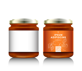 Realistic glass bottle packaging for fruit jam design. Apricot jam with design label, typography, line drawing apricots i. Mock up container or jar.