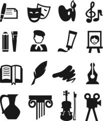 theatre and drama icon set, art, violin, film, music web icon set black background