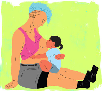 Mother With Blue Hair Breastfeeding Her Toddler Illustration