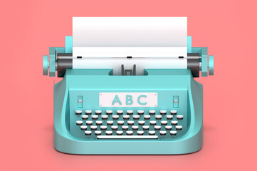 3d render typewriter with paper for writing books.