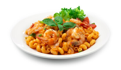 Shrimps Macaroni with Tomato Sauce Served as Breakfast