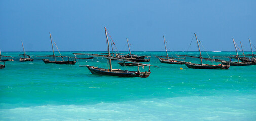 Fototapeta premium Anchored Traditional wooden dhow boats on the amazing turquoise water in the Indian ocean at Nungwi village, Zanzibar, Tanzania