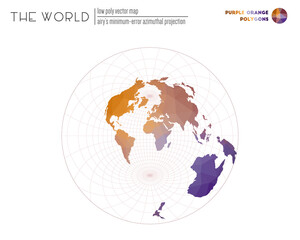 Low poly design of the world. Airy's minimum-error azimuthal projection of the world. Purple Orange colored polygons. Energetic vector illustration.