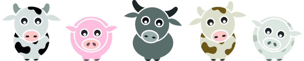 Set of Baby Farm Animal - Cub, Cow, Pig, Buffalo - Vector illustration