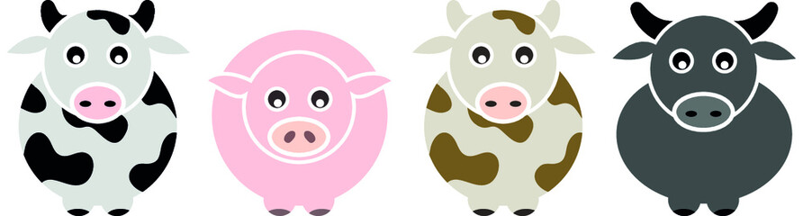 Set of Farm Animal - Cow, Pig, Buffalo - Vector illustration