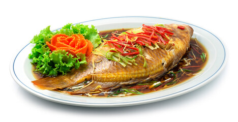 Steamed Fish with Soy Sauce, Ginger, Spring onion and Chili
