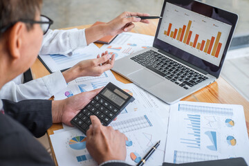 Partner meeting of business team colleagues consultation and discussion marketing plan meeting concept on financial report and analyzing investment project to development grow to success