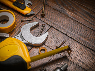 Background of various construction tools. Building tools repair set on black background. Top view. Copy Space