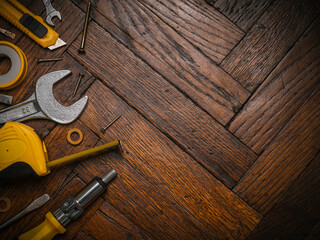 Background of various construction tools. Building tools repair set on black background. Top view. Copy Space