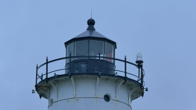 Close up shot of Nobska Light with rotating Fresnel lens in Woods Hole

