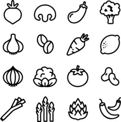 Vegetable ingredients line icon vector set. Including Carrot, Tomato, Chilies, Asparagus, Artichokes, Onion, Radish, Lemon and more