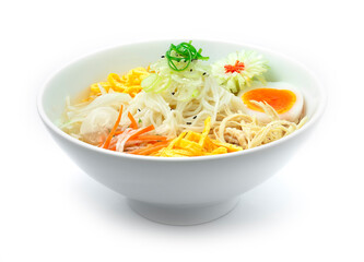Korean Cold Noodles Soup Naengmyeon served Vegetables in White Bowl Traditional Korean Food Popular Summer