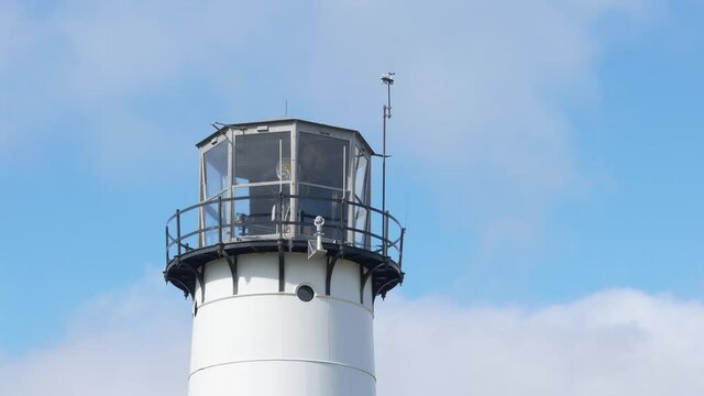 Close up shot of Nobska Light with rotating Fresnel lens in Woods Hole
