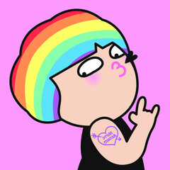Girl With Rainbow Hair Showing Her Pride Month Tattoo. Gay Pride Or LGBT Pride Celebration Concept Card Character illutration