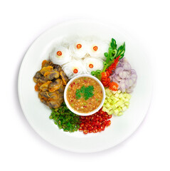 Cockles with Thin Noodles Served Peanuts Chili Sauce and Vegetable Thai Food mixed Vietnamese Food style