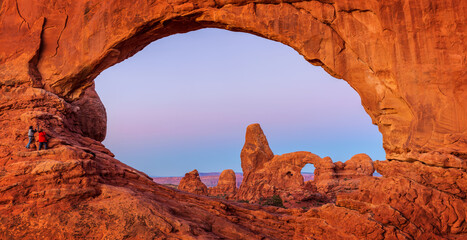 The Windows Arches before sunrise  in the Arches National Park of USA.