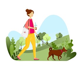 girl walking with a dog in the park, drinking coffee