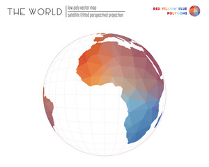 World map in polygonal style. Satellite (tilted perspective) projection of the world. Red Yellow Blue colored polygons. Elegant vector illustration.