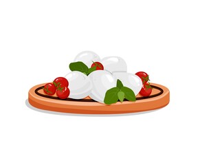 Mozzarella cheese on the wooden plate with cherry tomatoes and basil