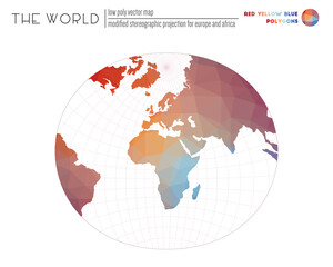 Vector map of the world. Modified stereographic projection for Europe and Africa of the world. Red Yellow Blue colored polygons. Modern vector illustration.