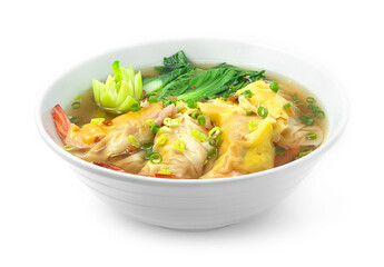 Shrimp Dumplings,Pak Choy Vegetable with Soup Sprinkle Spring Onions and Crispy Garlic Chinese Food