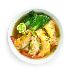 Shrimp Dumplings,Pak Choy Vegetable with Soup Sprinkle Spring Onions and Crispy Garlic Chinese Food