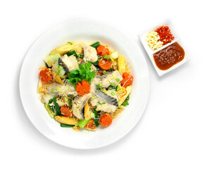 Thai Sukiyaki Stir Fried with Fish, eggs and Vegetables Carved Carrots flowers shape served Sauce