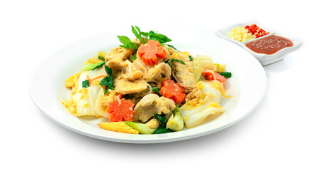 Thai Sukiyaki Stir Fried with Pork and Vegetables Carved Carrots flowers shape served Sauce