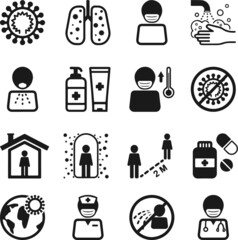 Covid-19 protection equipments line icon set. Included icons as face mask, alcohol gel, lungs, medicine, doctor, nurse, stay home, isolation, hand wash, social distance