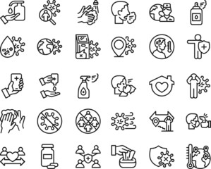 Covid-19 protection line icon set. Included icons as alcohol gel, thermometer, spray can, social distance, cough, hand wash, safety, corona virus,
