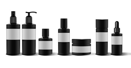 Realistic black bottle for essential oil and tube or container for cream, ointment, lotion. Soap pump. Mock up set. Cosmetic vial, flask, dropper-bottle, shampoo, oil, gel, wax. Label, sticker.