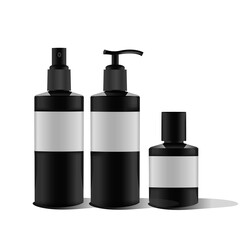 Realistic black bottle of liquid soap. Cosmetic bottle for a cream, shampoo, oil, gel, soap, balsam. Mock up. Label for container. Batcher.