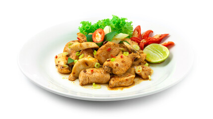 Fototapeta premium Spicy Chicken Tom Yum Sauce Dried dish style Thai Food Fusion Healthy Cleanfood and Dietfood