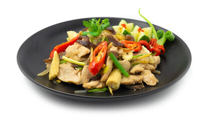 Chicken Stir Fried with Ginger,Mushroom,chili and onion Thai dish Cleanfood and Dietfood for Healthy